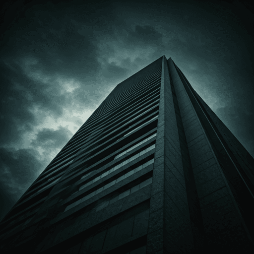 A modern brutalist skyscraper reaching into a moody, overcast sky.